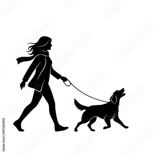 Woman walking dog on leash outside Isolated On Transparent Background.