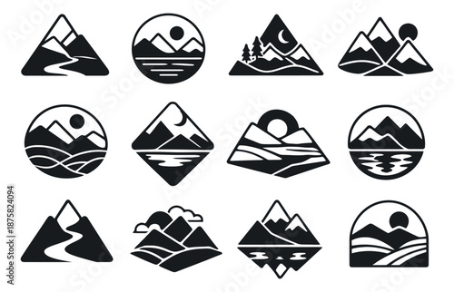 Minimalist silhouette landscape icons set featuring mountains, sun, moon, trees, and water for outdoor adventure branding