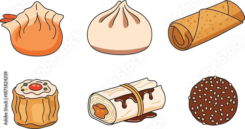 Assortment of delicious Asian dim sum and appetizers presented in a delightful arrangement.