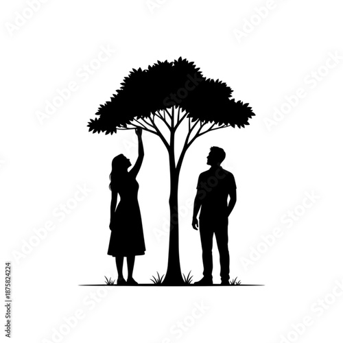 Silhouette of woman touching tree leaves Isolated On Transparent Background.