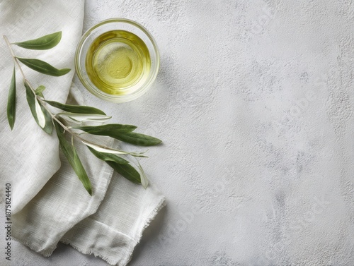 food background with linen napkin, olive branch and olive oil on concrete surface, top view