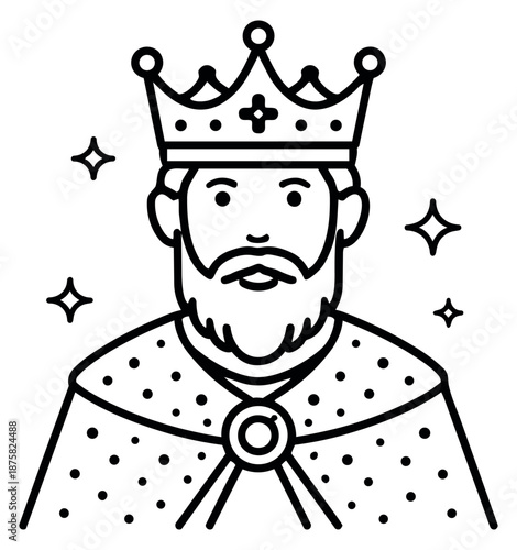 Line art illustration of a king depicting a regal monarch in a crown and royal cape for royalty concept