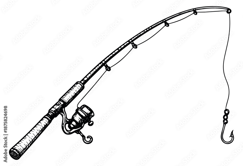 Fototapeta premium Hand drawn line art illustration of a fishing rod depicting a reel and hook for outdoor activities