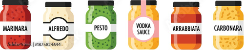 Assortment of delicious pasta sauces in jars, ready for a quick meal