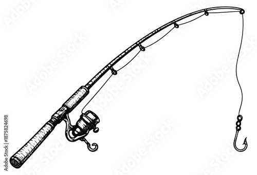 Hand drawn line art illustration of a fishing rod depicting a reel and hook for outdoor activities