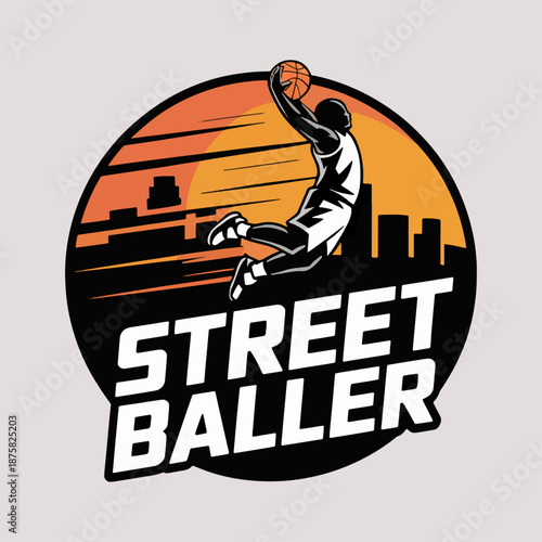 Street Baller sunset city hoops emblem with leaping dunker and bold typography, energetic street basketball logo for leagues, flyers and apparel