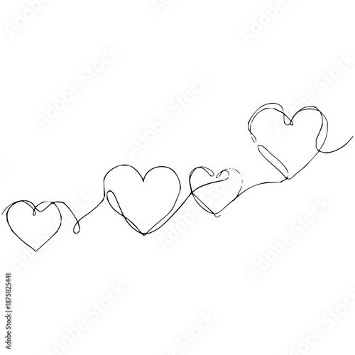 A minimalist continuous line art illustration depicting four interconnected hearts, symbolizing enduring love, unity, and a shared journey of affection and togetherness, evoking strong emotional bonds