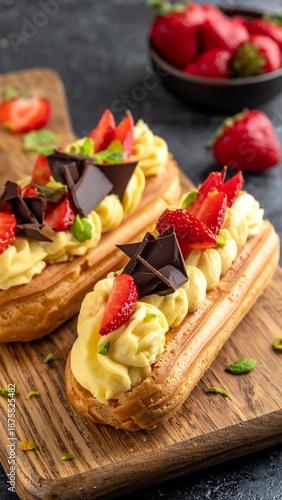 Close-up of two eclairs topped with cream, strawberries, and chocolate on a rustic wooden board