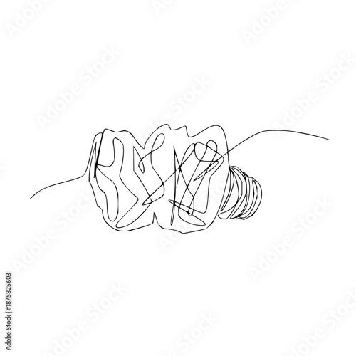 Minimalist continuous line illustration portraying a discarded and crumpled plastic bottle, representing the urgent concept of recycling and reducing environmental plastic pollution
