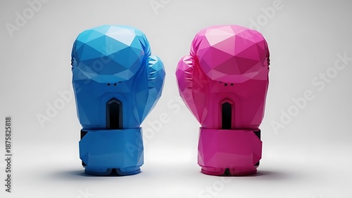 Digitally rendered blue and pink boxing gloves poised against a plain white background