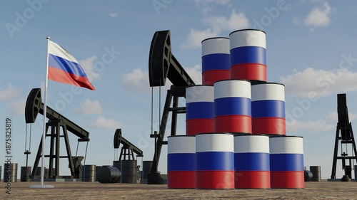 Russia Oil Production and Energy Industry Concept with Flag Barrels and Industrial Pump Jacks