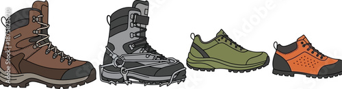Assortment of hiking and mountaineering footwear arranged for comparison