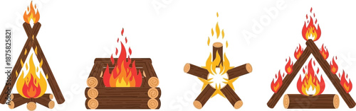Collection of diverse campfire designs with vibrant flames and wood logs.