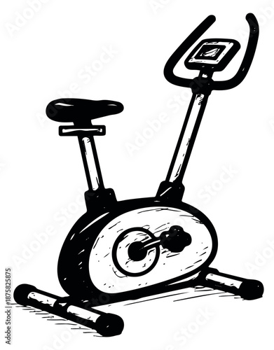 Hand drawn line art illustration of an exercise bike depicting fitness equipment for home workout