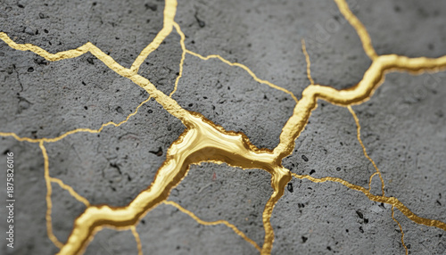 Cracked concrete wall repaired with gold veins in kintsugi style