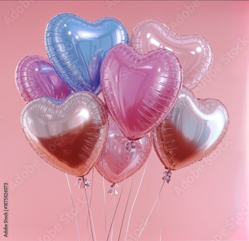 Shiny heart-shaped balloons in pastel pink and blue colors floating on soft background, romantic celebration concept, love and party decoration, festive mood, modern minimal design.