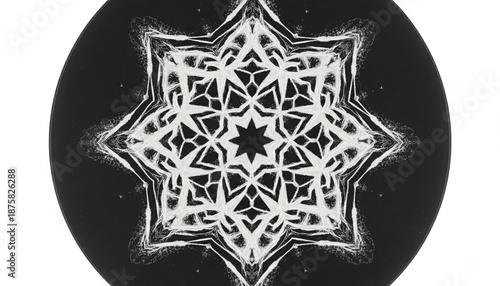 Geometric cymatics sound wave pattern in white sand on black plate
