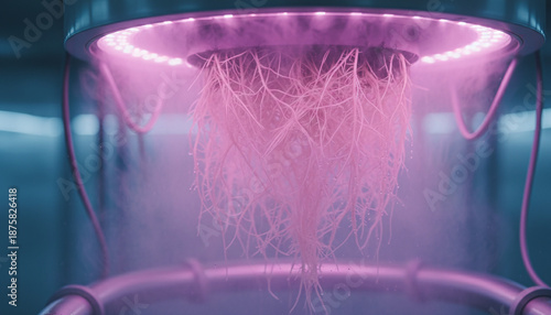 Aeroponic plant roots hanging in mist with led lights in futuristic greenhouse