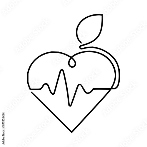 Elegant continuous line drawing of a heart with an integrated apple and vital pulse rhythm, symbolizing holistic health, natural wellness, and cardiology care for a balanced lifestyle