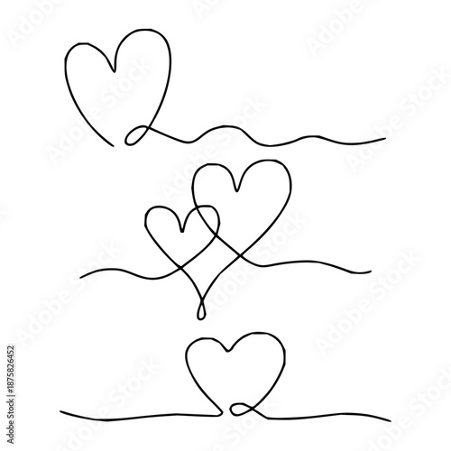 Minimalist single line drawing of three hearts in a row, elegant and simple design for romantic or artistic purposes