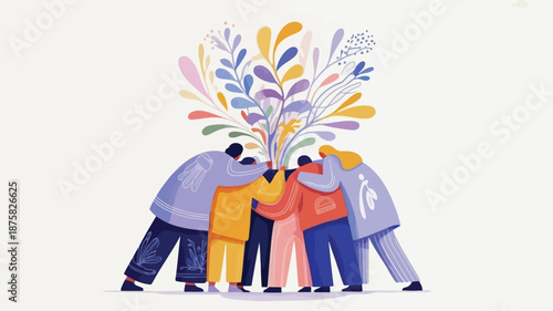 Diverse group of people coming together in unity and harmony with colorful floral elements