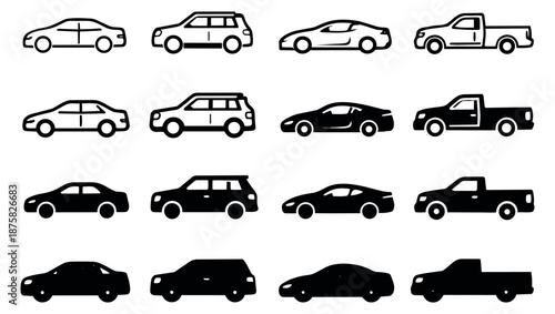 Modern car and truck icon set featuring sedans, SUVs, sports cars, and pickup vehicles in line art and silhouette styles for transportation concepts