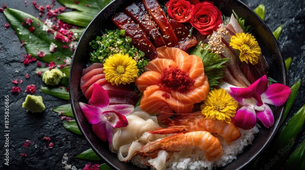 Naklejka premium Vibrant and Colorful Sushi Platter with Fresh Seafood, Decorative Flowers, and Gourmet Ingredients on a Dark Background
