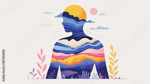 Vibrant human silhouette with colorful landscape layers in nature
