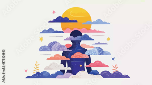 Person surrounded by vibrant colorful clouds and sun