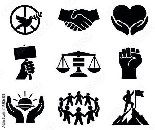 Simple icon human values set featuring peace, justice, and solidarity symbols for social issues and activism