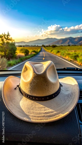 Cowboy hat resting on a car dash on a long road leading towards mountains at sunset