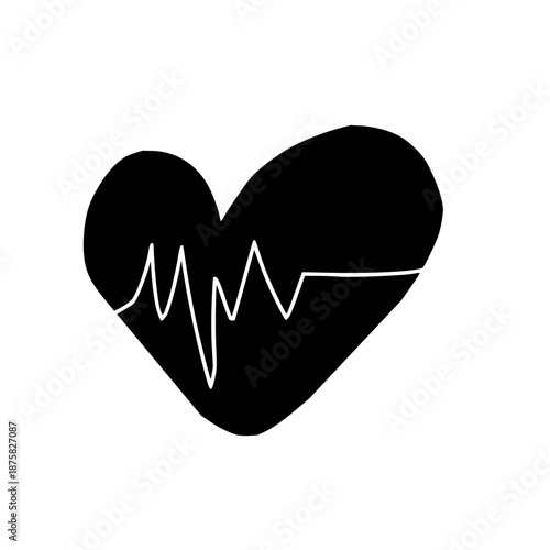 Abstract black heart icon with a white ECG line, signifying health, love, and vital medical care, perfect for wellness and emotional well-being concepts