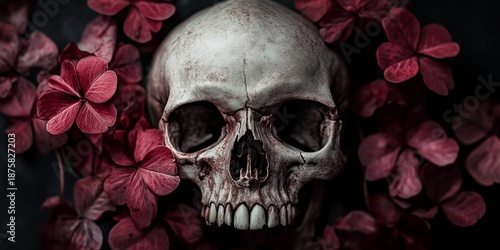 Memento Mori skull surrounded by red flowers on a grey background.