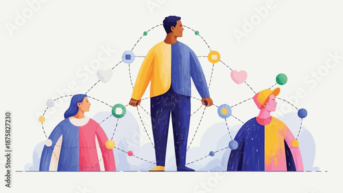 Diverse group of people connecting through vibrant network links