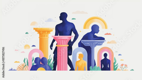 Vibrant surreal scene with human silhouettes and colorful columns