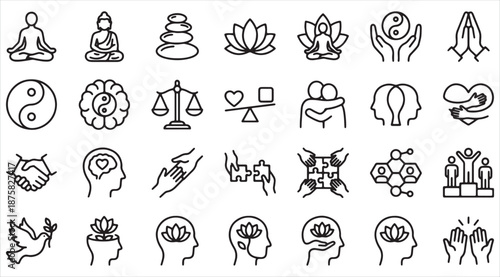 Mindfulness, Meditation and Harmony Line Icon Set. Zen, Yoga, Balance and Mental Health Symbols