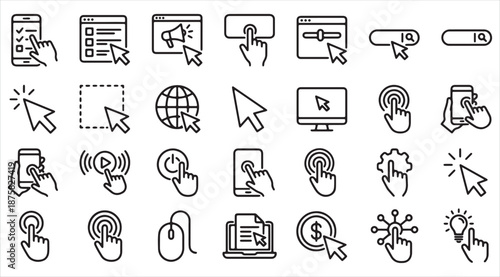Click and Cursor Line Icon Set. Web Navigation, UI, and Call to Action (CTA) Vector Symbols
