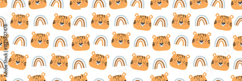 Seamless tiger pattern with cute boho jungle animals. Playful cartoon safari print perfect for kids' textiles, wallpaper, and contemporary apparel designs.