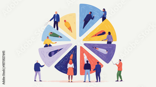 Diverse team members collaborating on colorful pie chart sections