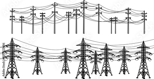Black and white of power lines and towers transmission towers electricity infrastructure