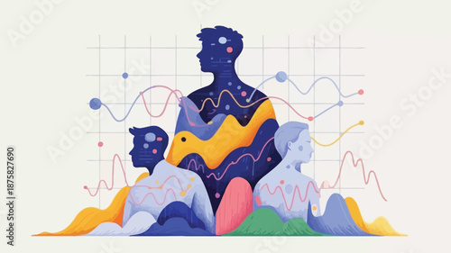 Vibrant illustration of people with data visualization elements