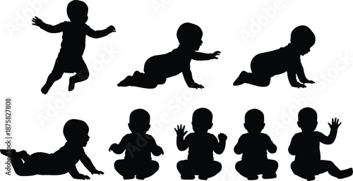Black silhouettes of babies in various crawling and sitting positions baby 1