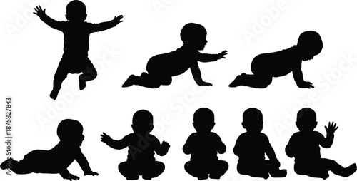 Black silhouettes of babies in various crawling and sitting positions baby