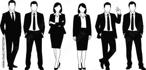 Black and white business people silhouettes in various poses