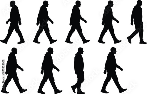 Black silhouettes of a man walking in various positions white background