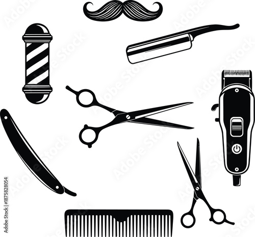 Black and white barber tools including scissors straight razor accessories
