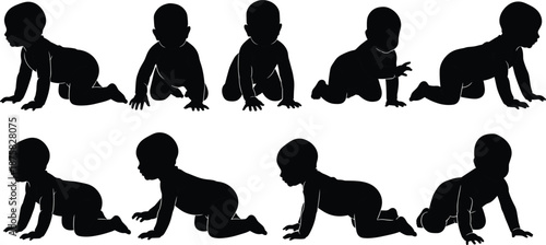 Black silhouettes of babies crawling in different positions baby white background