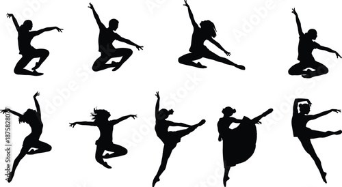 Black silhouettes of dancers in various poses white background