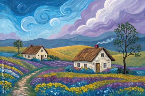 Colorful Fields With Two Houses Under a Cloudy Sky Near Mountains