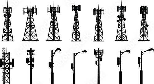Black silhouettes of various cell towers and streetlights on white background